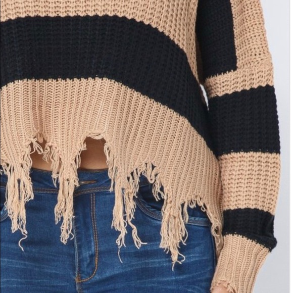 WOMEN’S MOCHA BLACK FRAYED FRINGED COLOR BLOCK CROPPED DISTRESSED SWEATER TOP - Picture 3 of 9